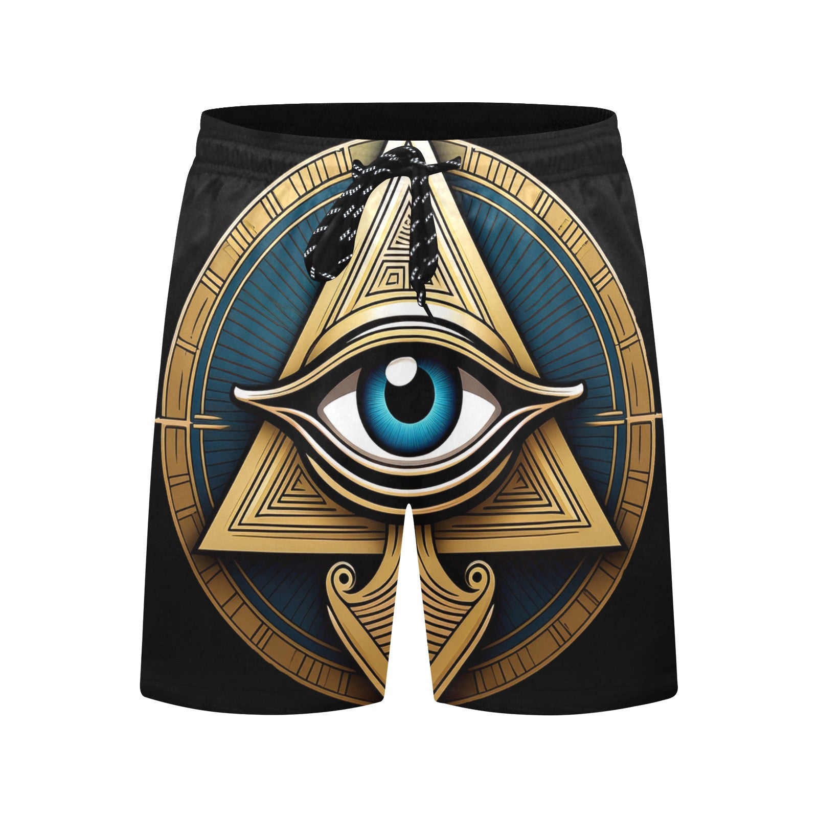 Inkedjoy Eye of Horus mens beach shorts with bold gold triangle and blue all seeing eye design