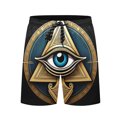 Inkedjoy Eye of Horus mens beach shorts with bold gold triangle and blue all seeing eye design