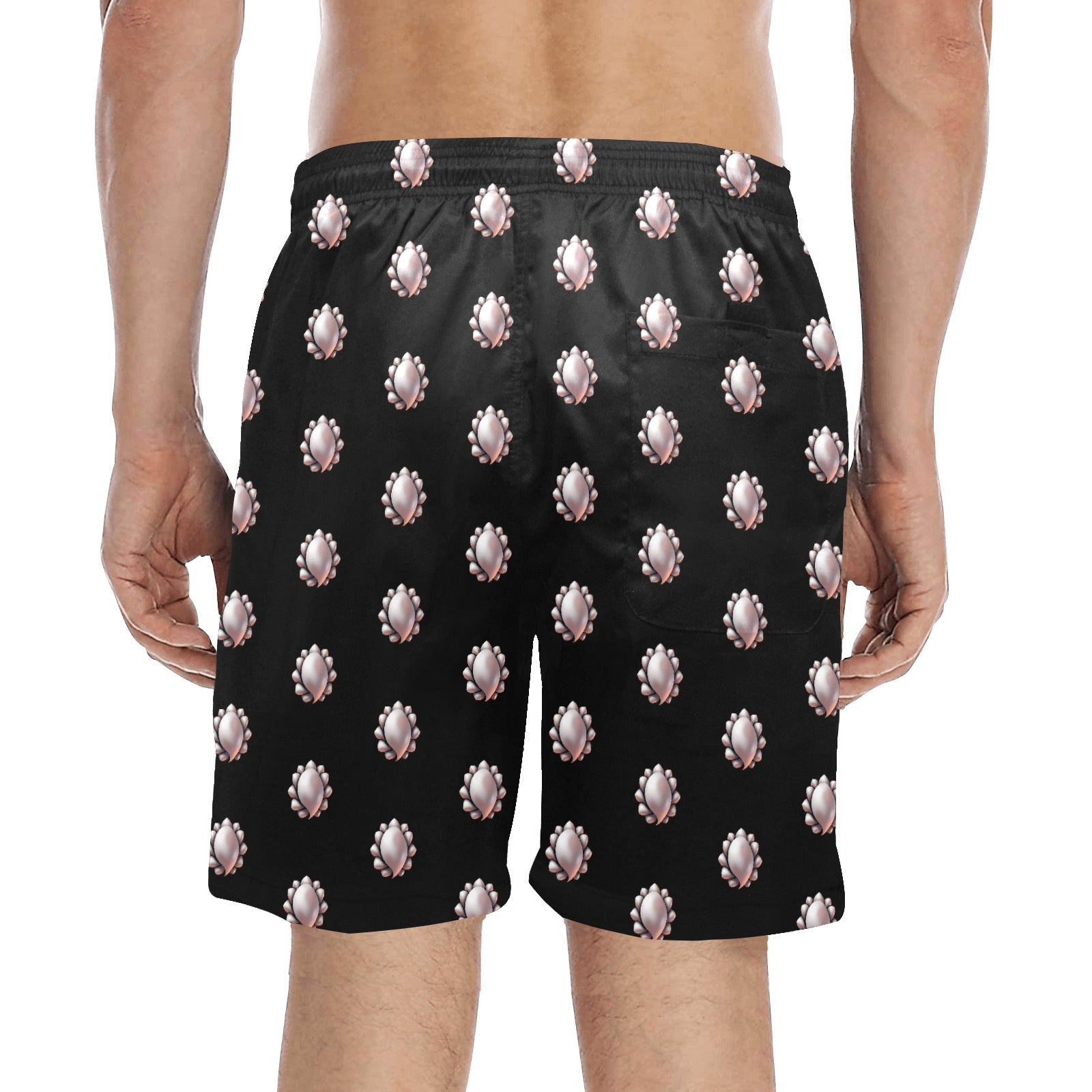 Inkedjoy mens pearl pattern beach shorts black swim shorts with repeating pearl motif and elastic waistband