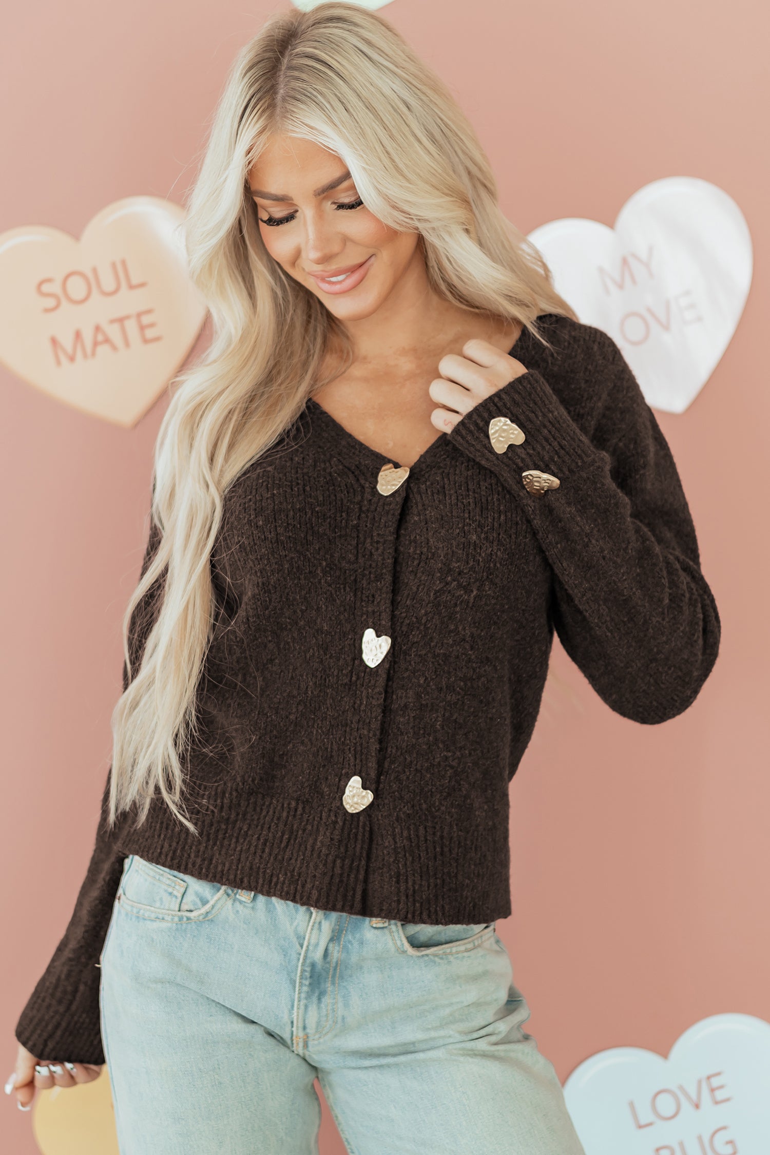 Sweater and Cardigan with Heart Buttons