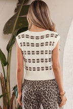 White Contrast Geometric Textured Knit V Neck Cropped Sweater Vest