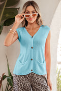 Solid Color Knit V Neck Button Front Sweater Vest
