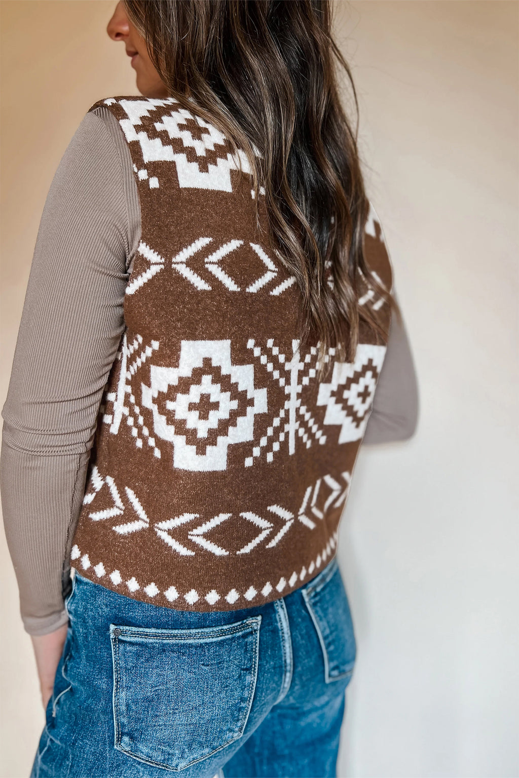 Brown Southwestern Aztec Button Square Neck Sweater Vest