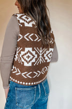 Brown Southwestern Aztec Button Square Neck Sweater Vest