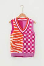 Yellow Striped Checkered Contrast Patchwork V Neck Sweater Vest