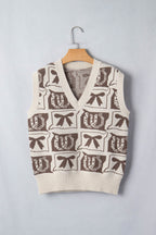 Brown Western Horseshoe Bow Printed V Neck Loose Sweater Vest