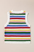 Multicolour Striped Knitted Eyelet Slim Sweater Vest
