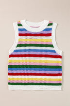Multicolour Striped Knitted Eyelet Slim Sweater Vest