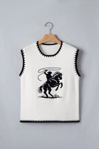 White Contrast Trim Round Neck Rodeo Cowboy Sweater Vest