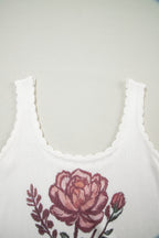 White Retro Floral Print Scalloped Square Neck Knit Sweater Vest
