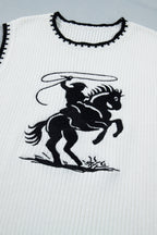 White Contrast Trim Round Neck Rodeo Cowboy Sweater Vest