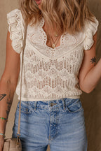 Beige Embroidered Patchwork Hollow Out Knitted Ruffle Sweater Vest
