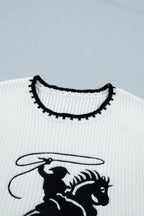 White Contrast Trim Round Neck Rodeo Cowboy Sweater Vest