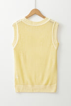 Yellow Solid Color Hollowed Knit Round Neck Sweater Vest