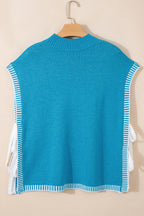 Blue Contrast Stitch Trim Knot Side Mock Neck Sweater Vest