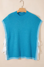Blue Contrast Stitch Trim Knot Side Mock Neck Sweater Vest