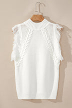 White Woven Tasseled Sleeveless Mock Neck Sweater Vest