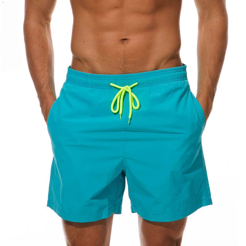 LuckeLadybug LLC Swim Shorts Men in Bright Blue with Adjustable Neon Drawstring