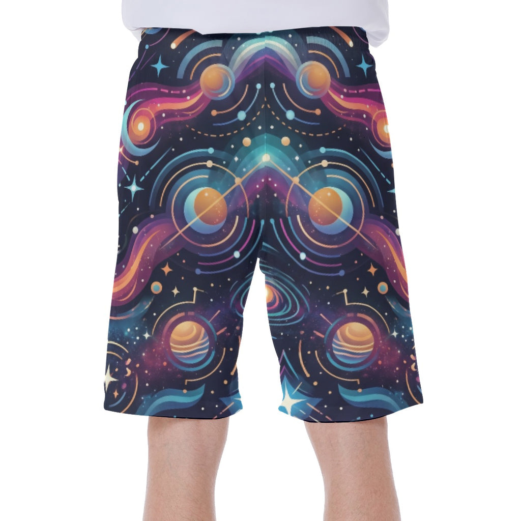 Vibrant LuckeLadybug swim shorts men with a cosmic design featuring planets and colorful patterns