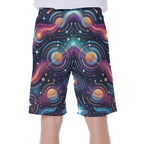 Vibrant LuckeLadybug swim shorts men with a cosmic design featuring planets and colorful patterns