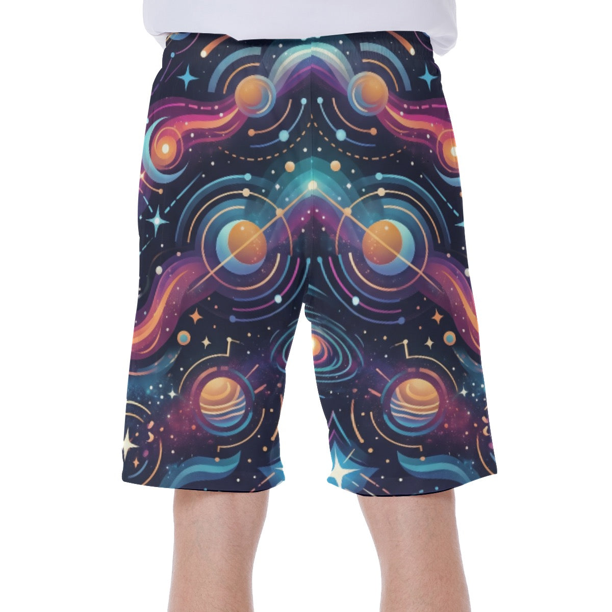 Vibrant LuckeLadybug swim shorts men with a cosmic design featuring planets and colorful patterns