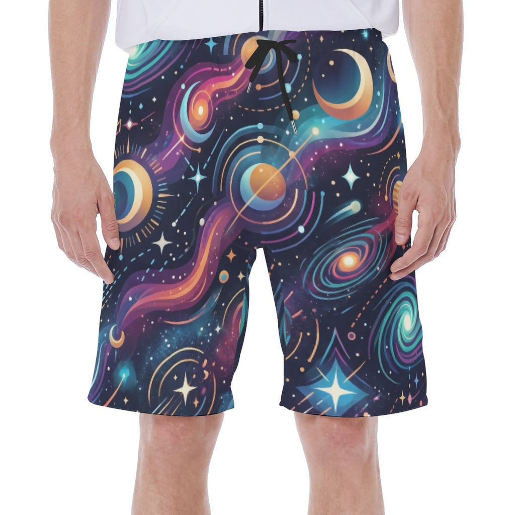 LuckeLadybug swim shorts men featuring a vibrant galaxy design in colorful swirling patterns