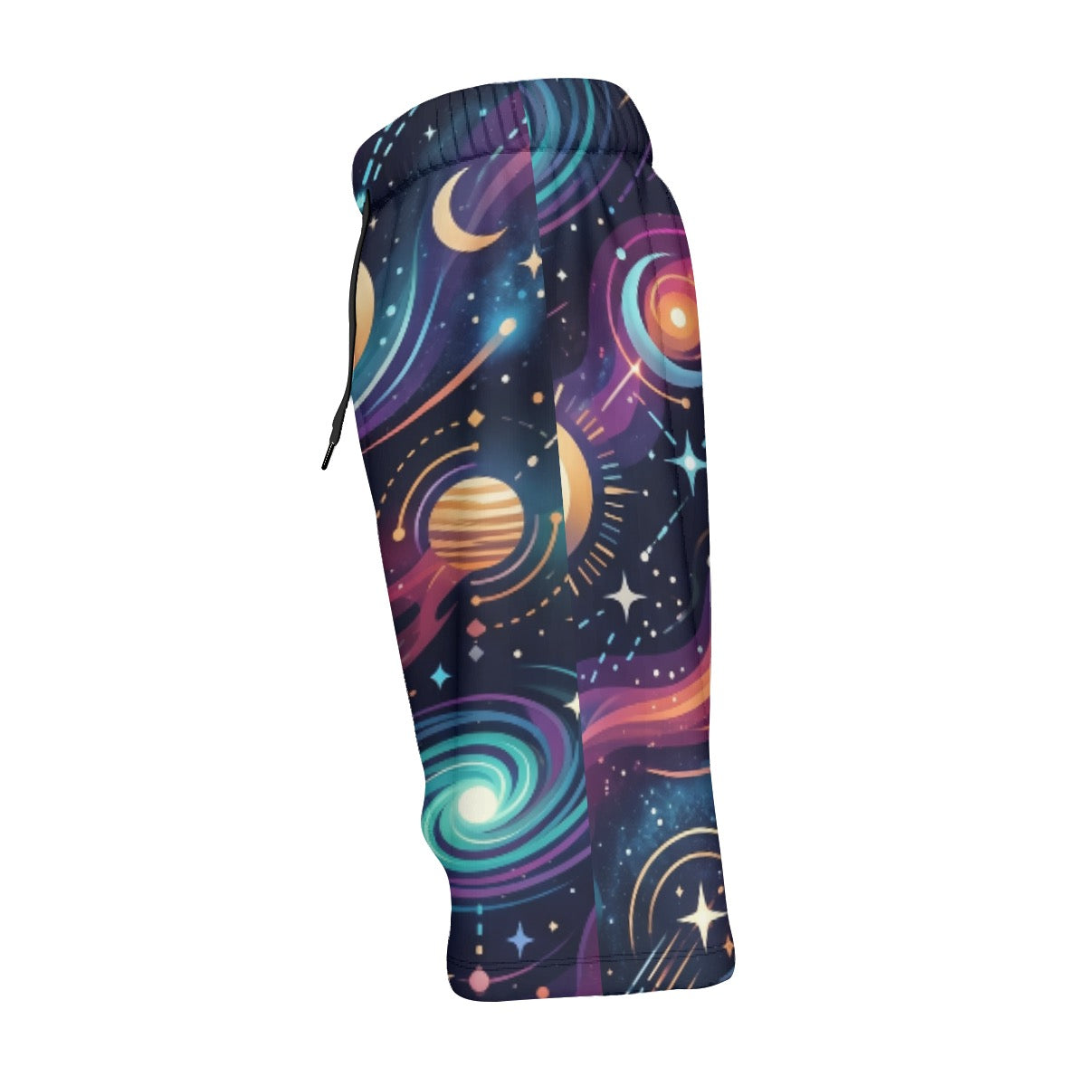LuckeLadybug colorful swim shorts men featuring a vibrant space design with planets and stars