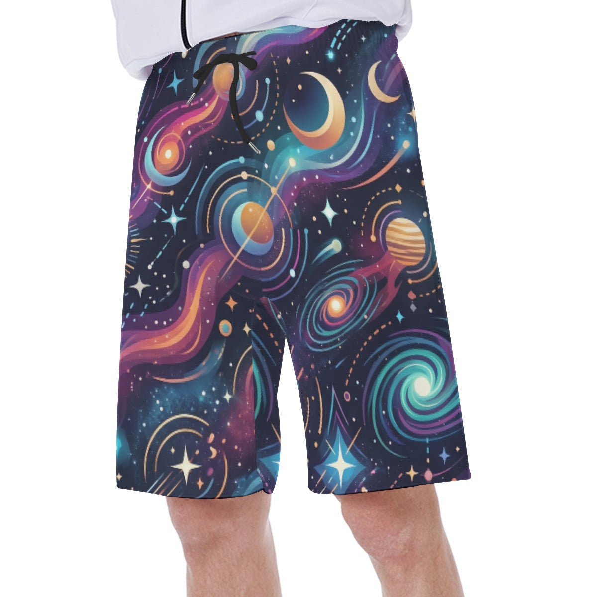LuckeLadybug colorful swim shorts men featuring a cosmic galaxy design perfect for beachwear