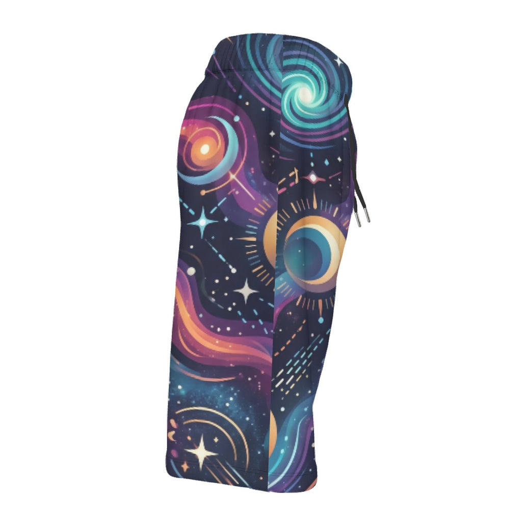 LuckeLadybug swim shorts men with a colorful cosmic design and adjustable drawstring waistband
