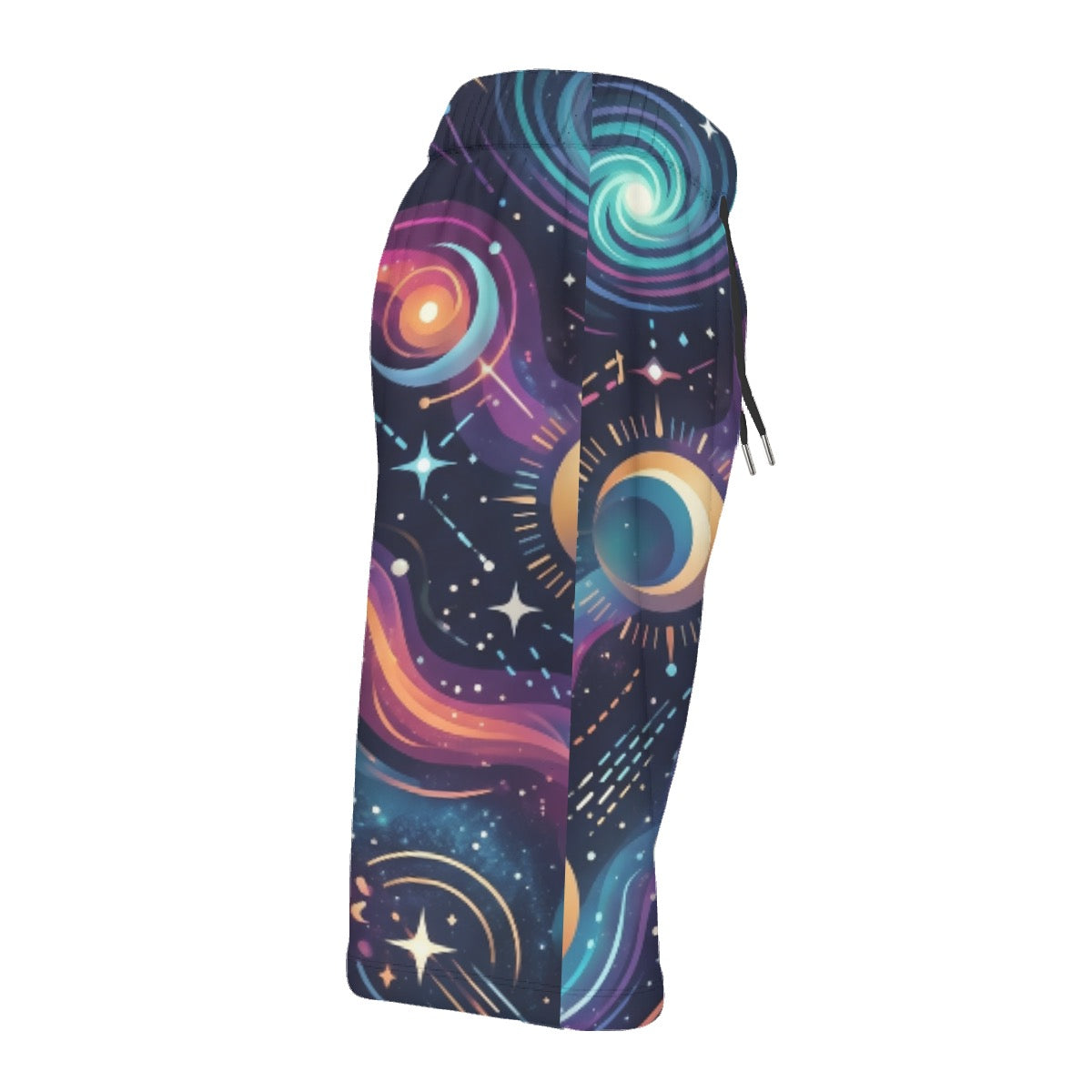 LuckeLadybug swim shorts men with a colorful cosmic design and adjustable drawstring waistband
