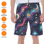 LuckeLadybug swim shorts men featuring a colorful galaxy design with elastic waist and drawstring