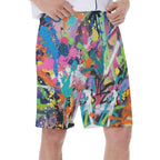Colorful LuckeLadybug swim shorts men with vibrant splatter paint design for beach wear