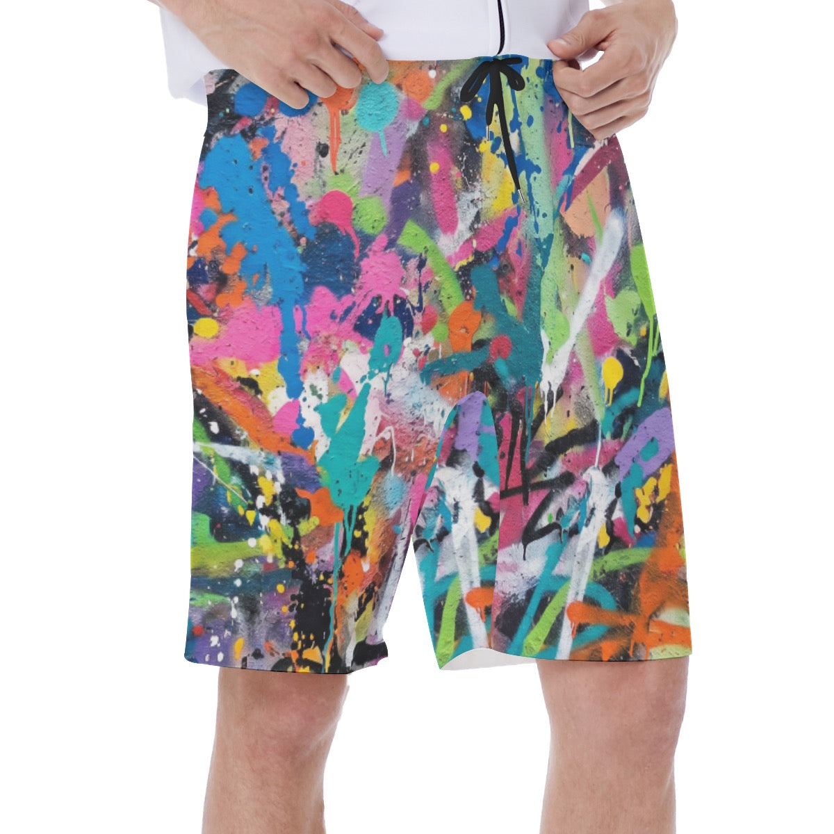 Colorful LuckeLadybug swim shorts men with vibrant splatter paint design for beach wear
