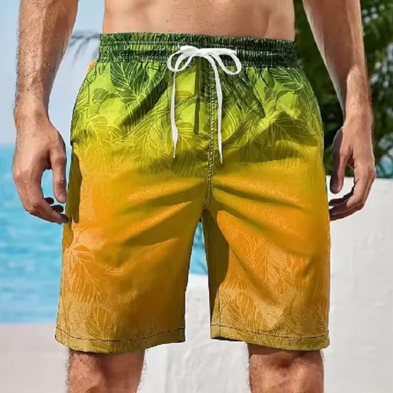 LuckeLadybug LLC Men's Swim Shorts in Green and Yellow with Tropical Leaf Pattern