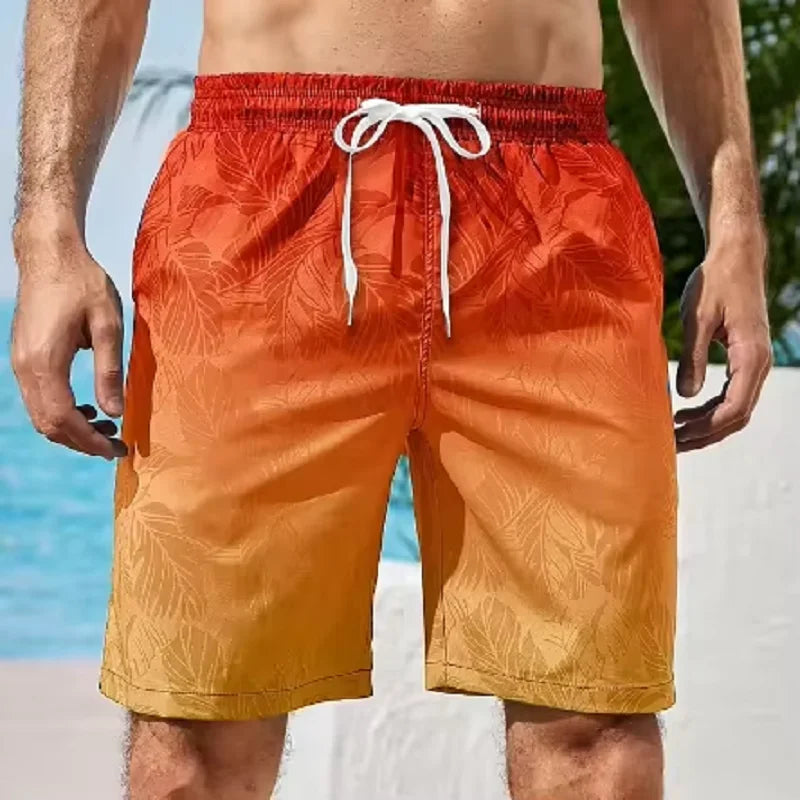 LuckeLadybug LLC Men's Swim Shorts with Orange Ombre and Leaf Pattern for Beachwear