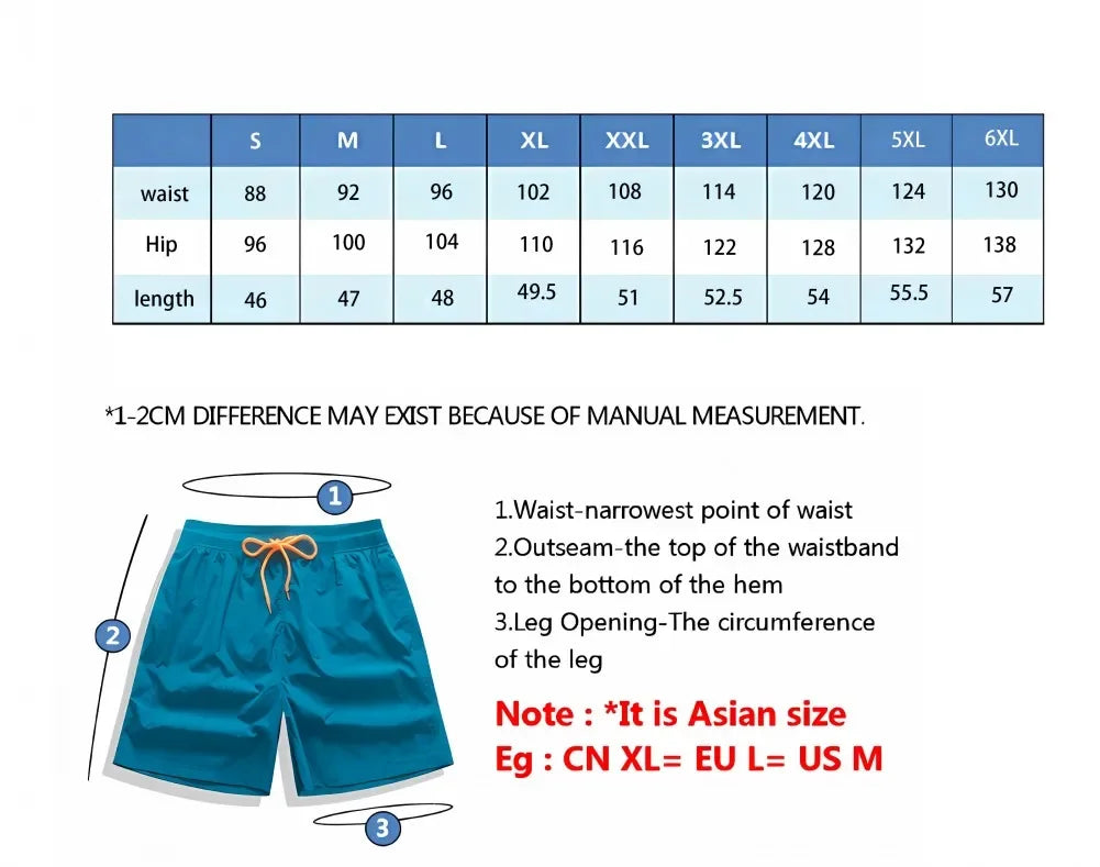 LuckeLadybug LLC swim shorts men in turquoise with adjustable drawstring and sizing guide