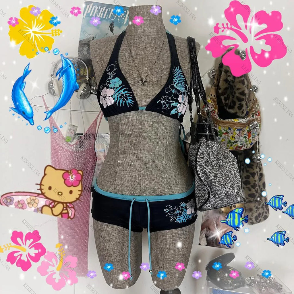 LuckeLadybug bikini in navy with floral design, ideal for stylish swimmers swimwear