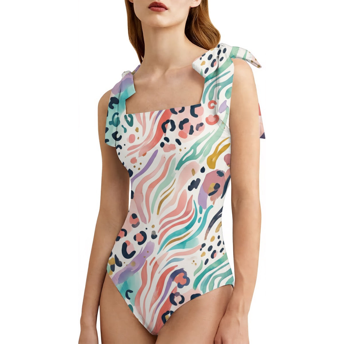 LuckeLadybug one piece swimsuit bathing suits with colorful abstract pattern and ruffled straps