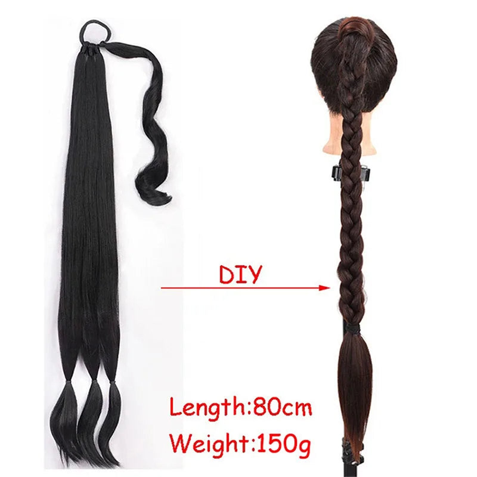 LuckeLadybug synthetic braided ponytail extensions in black measuring 80cm and weighing 150g