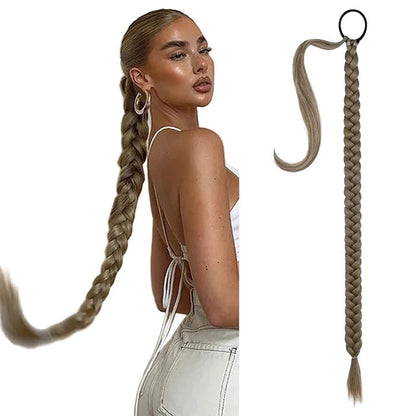 Long straight hair with a synthetic braided ponytail extensions in a stylish design