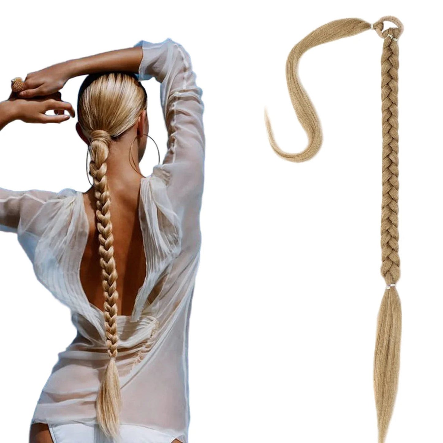 Long straight synthetic braided ponytail extensions in blonde for stylish hair looks