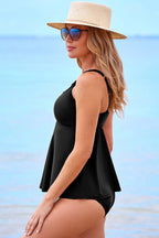 Black 2pcs Solid Color Spaghetti Straps Tankini Set