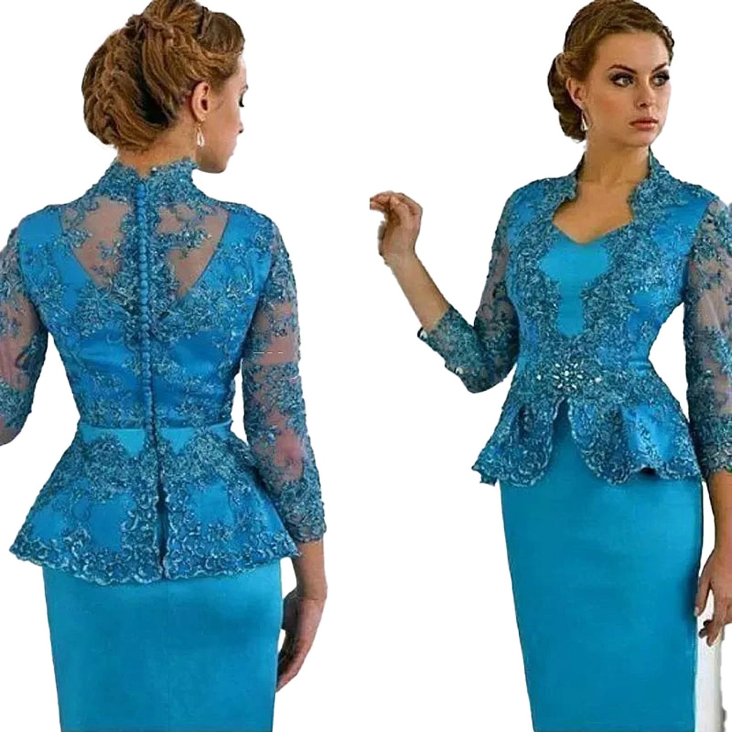 Teal mother of the bride dress with sleeves featuring a lace peplum design for elegant wedding attire