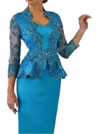 Teal mother of the bride dress with sleeves featuring intricate beading and a stylish peplum design