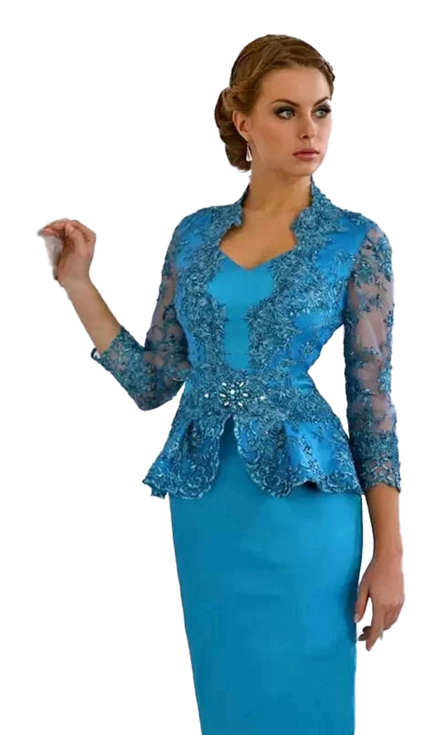 Teal mother of the bride dress with sleeves featuring floral lace details and a flattering silhouette