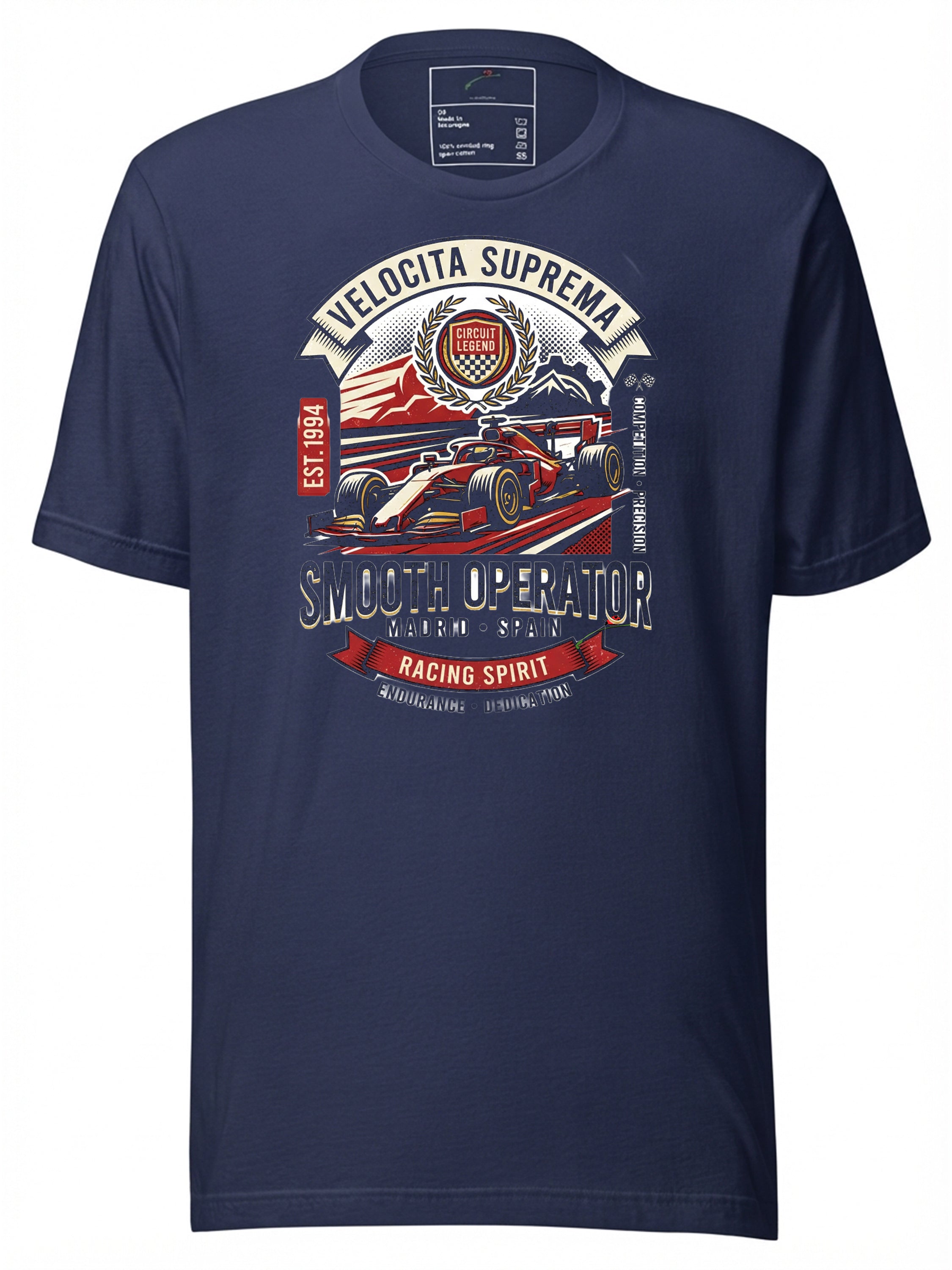 Navy blue racing car t-shirt featuring a vibrant graphic with mountains and a creative slogan