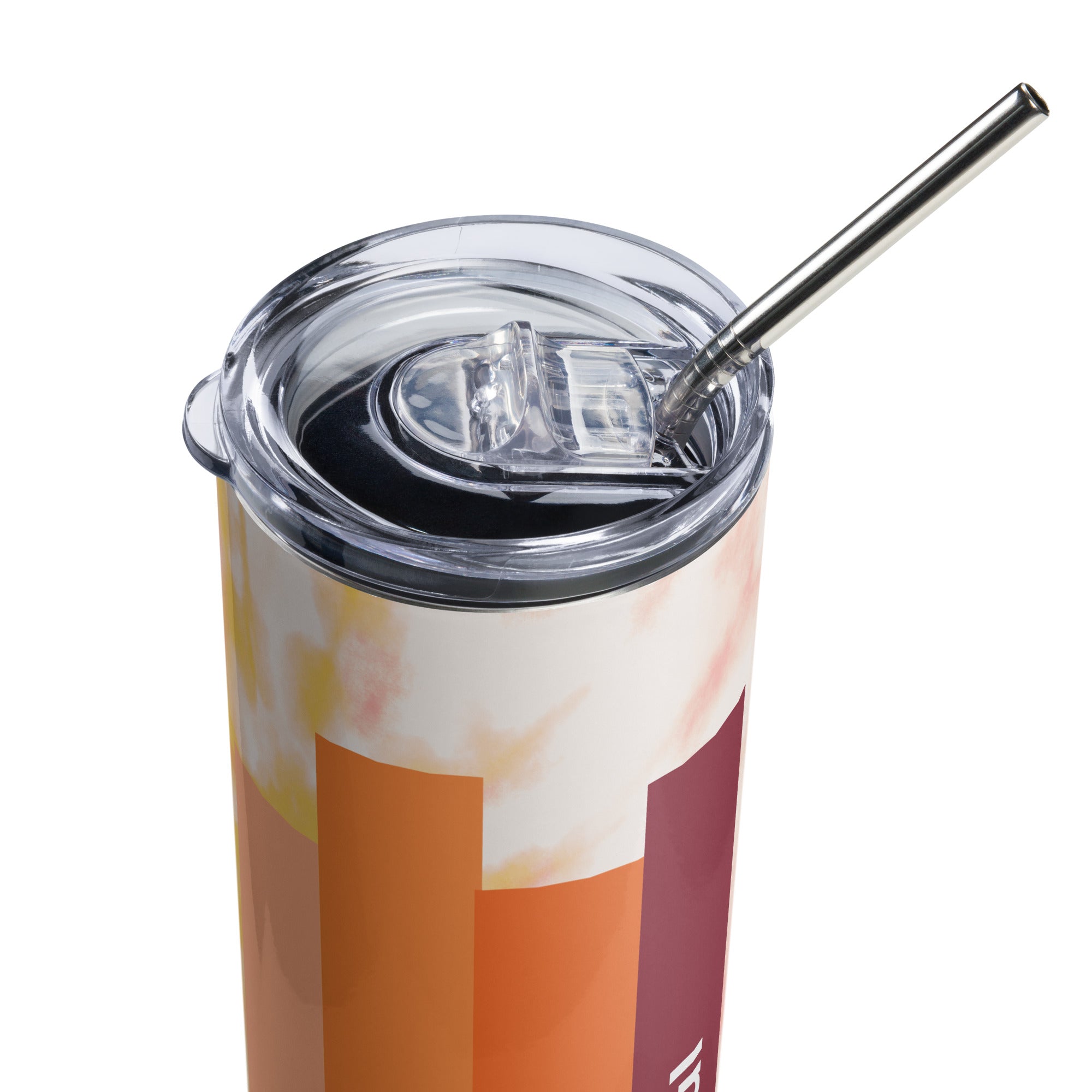 LuckeLadybug tie dye stainless steel tumbler with clear lid and metal straw in warm color tones