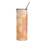 LuckeLadybug tie dye stainless steel tumbler with pastel orange and yellow colors and clear lid with metal straw