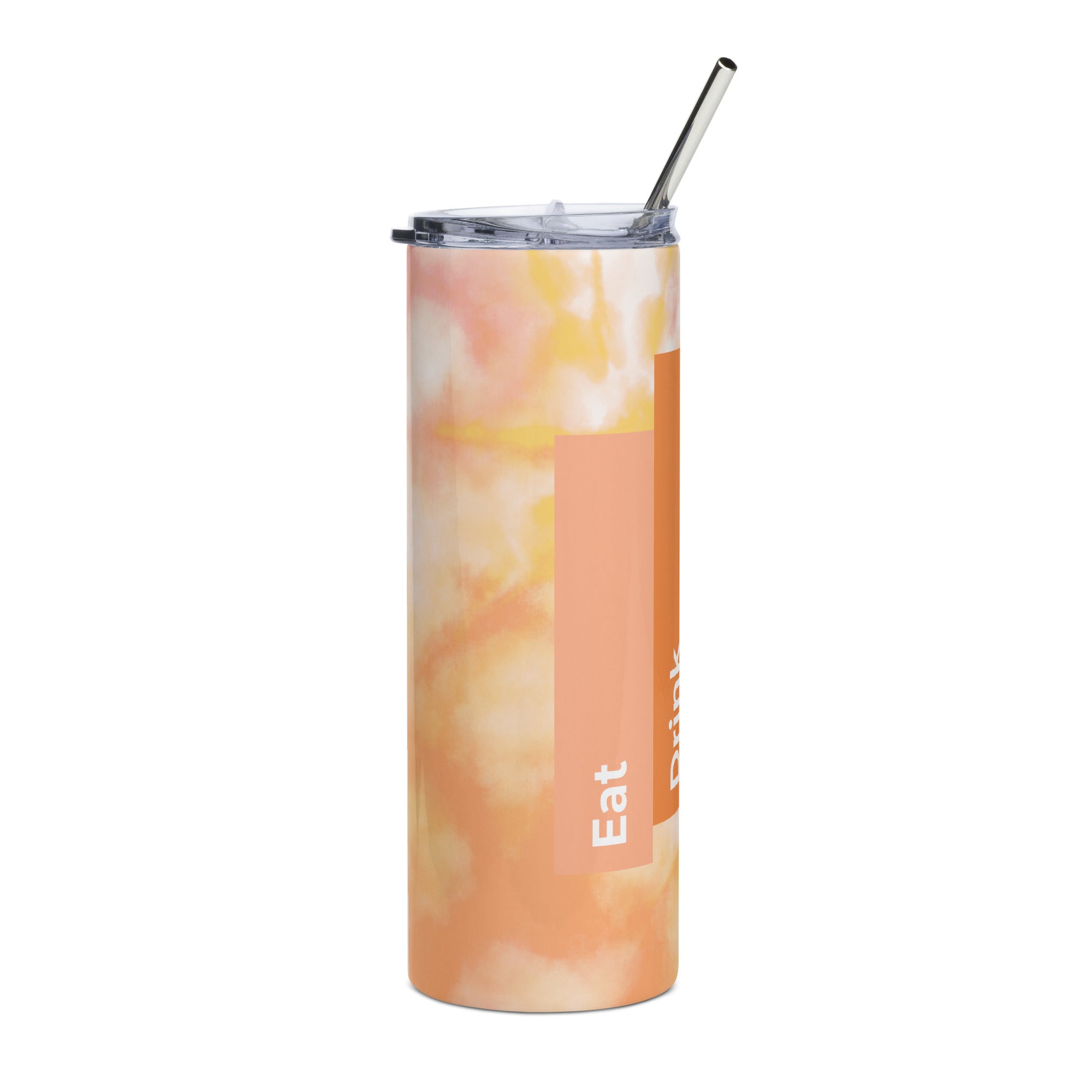 LuckeLadybug tie dye stainless steel tumbler with pastel orange and yellow colors and clear lid with metal straw