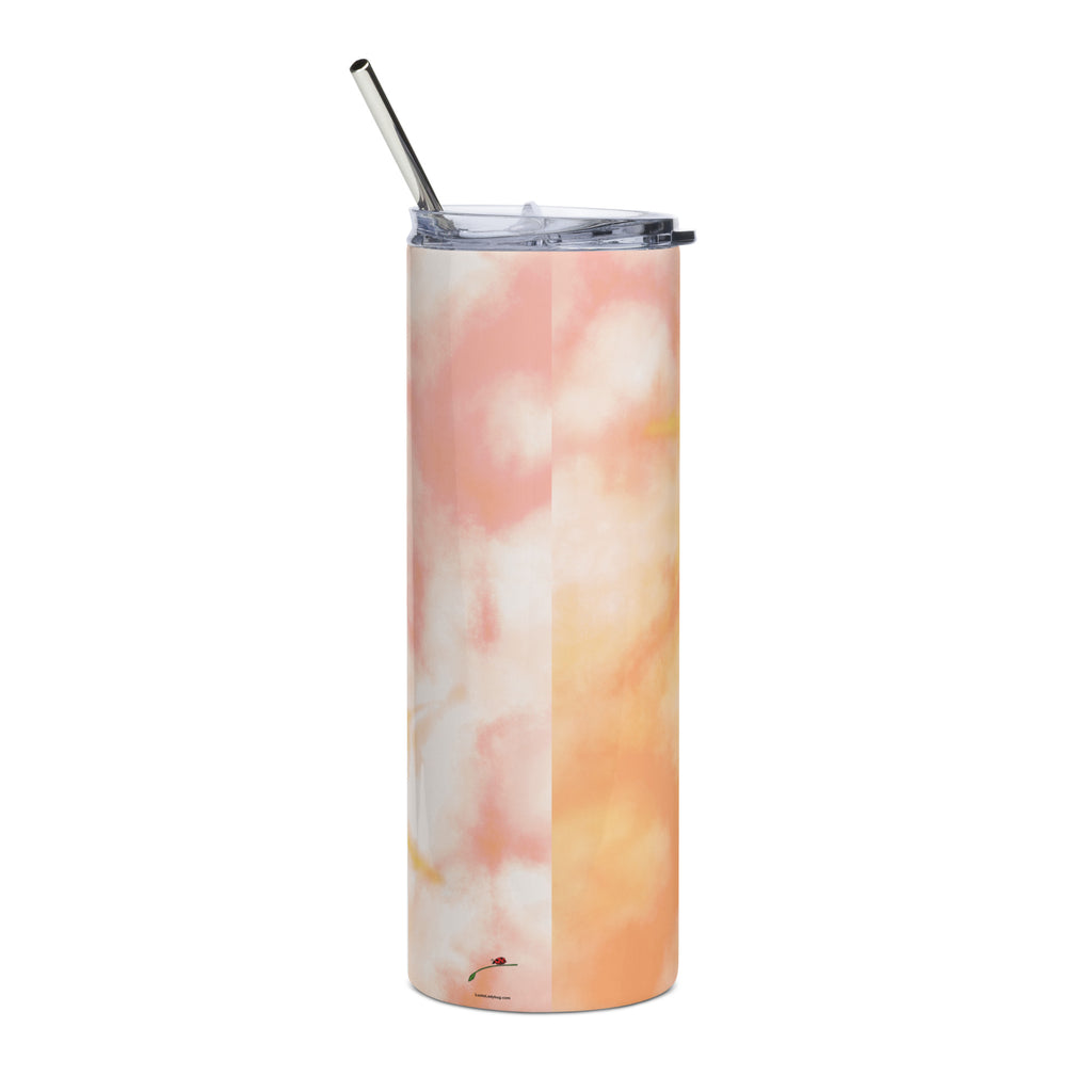 LuckeLadybug tie dye stainless steel tumbler with pastel pink and orange swirl design and metal straw